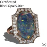 ART-DECO CERTIFICATED BLACK OPAL AND DIAMOND CLUSTER RING