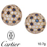 CARTIER, BEAUTIFUL PAIR OF DIAMOND AND SAPPHIRE DOMED EARRINGS,