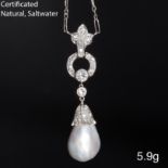 IMPRESSIVE LARGE CERTIFICATED NATURAL SALTWATER PEARL AND DIAMOND PENDANT NECKLACE