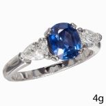 FINE SAPPHIRE AND DIAMOND THREE STONE RING.