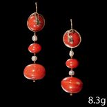FINE PAIR OF CORAL AND PEARL DROP EARRINGS.