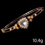 ANTIQUE MOONSTONE AND PEARL HEART HINGED BANGLE,