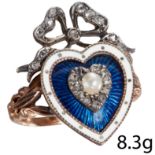 FINE ANTIQUE PEARL ENAMEL AND DIAMOND HEART RING,