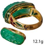 FINE CARVED EMERALD AND ENAMEL GOLD RING