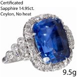 MAGNIFICENT certificated CEYLON SAPPHIRE AND DIAMOND CLUSTER RING