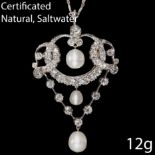 BELLE EPOQUE CERTIFICATED NATURAL SALTWATER PEARL AND DIAMOND PENDANT/BROOCH,