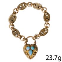 VICTORIAN GOLD BRACELET WITH A HEART SHAPED TURQUOISE PADLOCK.