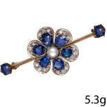 ANTIQUE SAPPHIRE, DIAMOND AND PEARL BROOCH