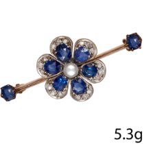 ANTIQUE SAPPHIRE, DIAMOND AND PEARL BROOCH