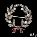 VICTORIAN DIAMOND, PEARL AND RUBY LAUREL BOW BROOCH