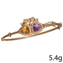 VICTORIAN AMETHYST, CITRINE AND PEARL DOUBLE HEART HINGED BANGLE,