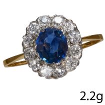 SAPPHIRE AND DIAMOND CLUSTER RING.