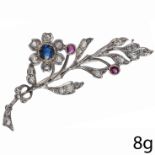 VICTORIAN FLORAL SPRAY BROOCH WITH SAPPHIRE, DIAMONDS AND RUBIES.