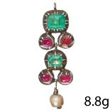 RARE GEORGIAN, EMERALD, RUBY AND PEARL PENDANT