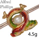 ALFRED PHILLIPS, ENAMEL AND PEARL DOLPHIN BROOCH