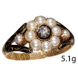 EARLY VICTORIAN DIAMOND PEARL AND ENAMEL RING