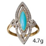MARQUISE SHAPED TURQUOISE AND DIAMOND CLUSTER RING
