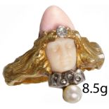 VERY FINE AND RARE ART-NOUVEAU CORAL AND PEAL RING