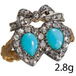 FINE ANTIQUE TURQUOISE AND DIAMOND DOUBLE HEART RING