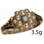 EARLY VICTORIAN PEARL DIAMOND AND ENAMEL MEMORI RING