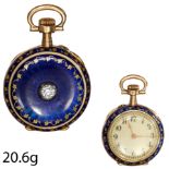 FINE ANTIQUE ENAMEL AND DIAMOND POCKET WATCH,