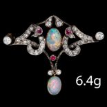 FINE ANTIQUE OPAL DIAMOND AND RUBY BROOCH