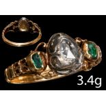 RARE GEORGIAN DIAMOND AND EMERALD THREE STONE RING