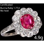 IMPRESSIVE CERTIFICATED BURMA RUBY AND DIAMOND CLUSTER RING