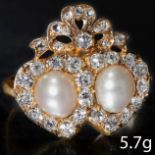 ANTIQUE PEARL AND DIAMOND DOUBLE HEART RING