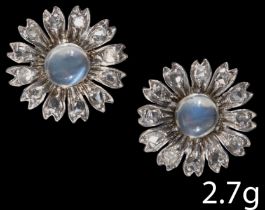 PAIR OF FLORAL MOONSTONE AND DIAMOND CLUSTER EARRINGS