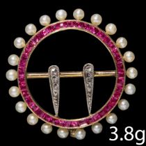 FINE EDWARDIAN RUBY DIAMOND AND PEARL BROOCH