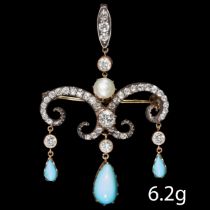 VICTORIAN PEARL TURQUOISE AND DIAMOND DROP PENDANT/BROOCH