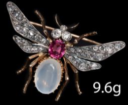 VICTORIAN DIAMOND, MOONSTONE AND PINK SAPPHIRE FLY BROOCH