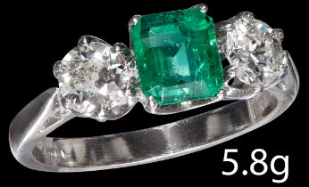 FINE EMERALD AND DIAMOND THREE STONE RING