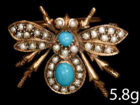 TURQUOISE AND SEED PEARL GOLD INSECT BROOCH.