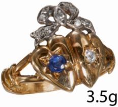 ANTIQUE SAPPHIRE AND DIAMOND DOUBLE HEART RING