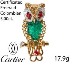 CARTIER, IMPORTANT CERTIFICATED COLOMBIAN EMERALD & DIAMOND OWL BROOCH, CA. 1950,