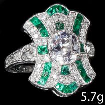 FINE EMERALD AND DIAMOND CLUSTER RING OF BEAUTIFUL ART-DECO DESIGN