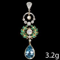 AQUAMARINE, EMERALD AND DIAMOND PENDANT.