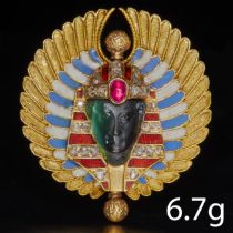 RARE AND FINE ANTIQUE DIAMOND RUBY AND ENAMEL EGYPTIAN PHARAOH BROOCH