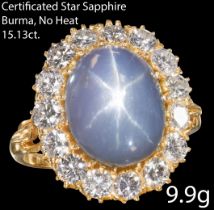 IMPRESSIVE CERTIFICATED BURMA 15.13 CT. STAR SAPPHIRE AND DIAMOND CLUSTER RING