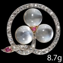 VICTORIAN MOONSTONE , RUBIES AND ROSE CUT DIAMOND BROOCH