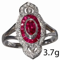 RUBY AND DIAMOND CLUSTER RING IN BEAUTIFUL ART-DECO DESIGN