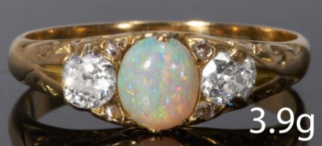 ANTIQUE OPAL AND DIAMOND THREE STONE RING