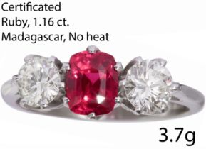 CERTIFICATED RUBY AND DIAMOND 3-STONE RING