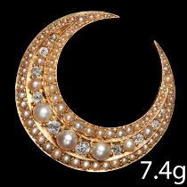 FINE ANTIQUE GOLD PEARL AND DIAMOND CRESCENT BROOCH