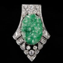 FINE ART DECO JADE AND DIAMOND BROOCH