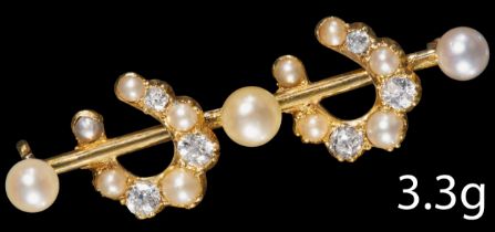 ANTIQUE VICTORIAN PEARL AND DIAMOND DOUBLE HORSE SHOE BROOCH