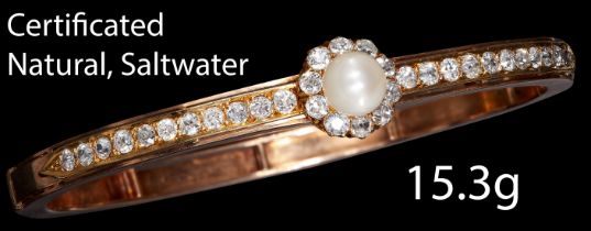CERTIFICATED ANTIQUE NATURAL SALTWATER PEARL AND DIAMOND HINGED BANGLE