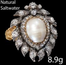 ANTIQUE NATURAL SALTWATER PEARL AND DIAMOND RING